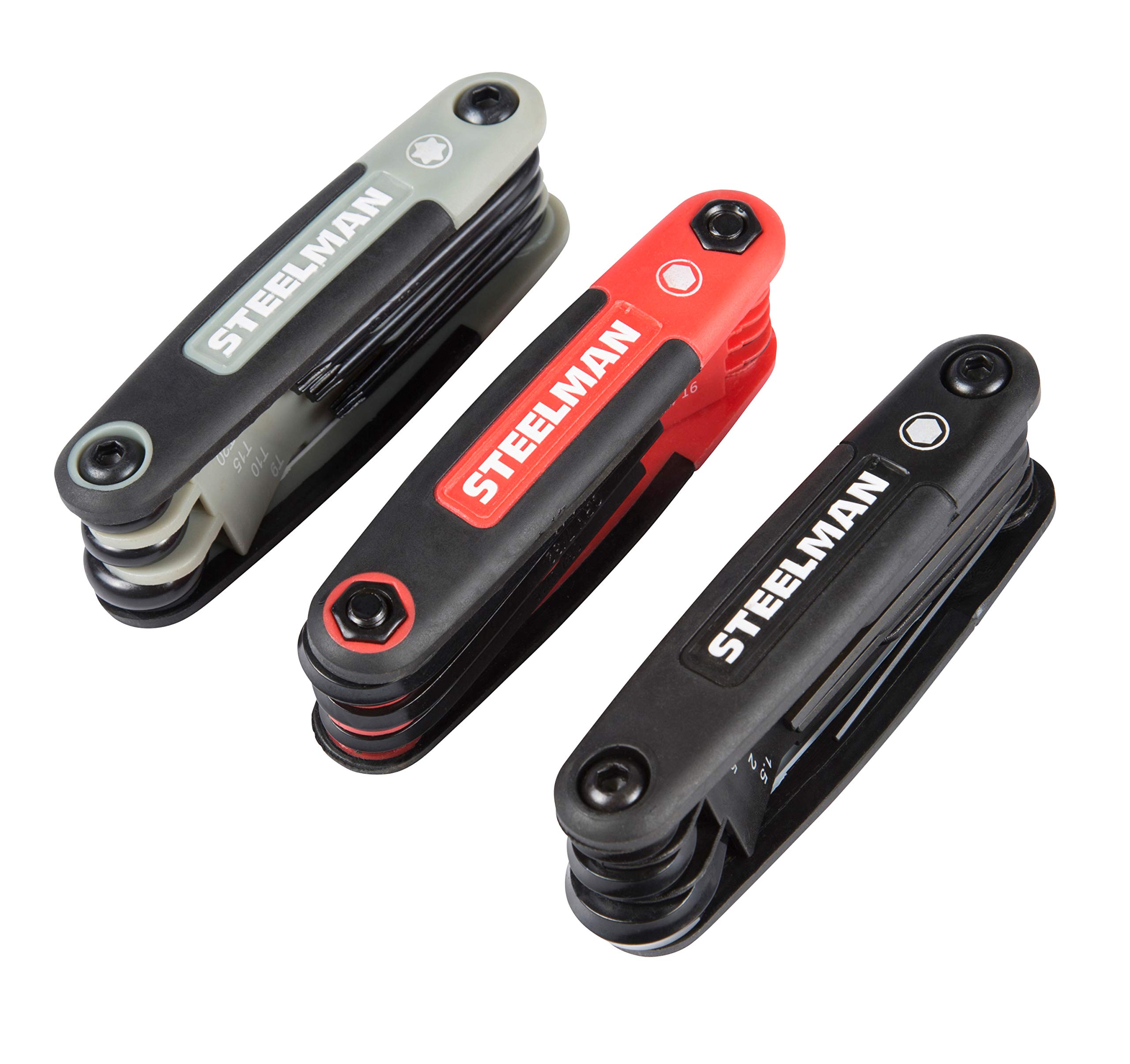 Steelman 3-Piece Set Folding Hex Key Wrench Tools, SAE, Metric, and Torx Allen Wrench Sets, Chamfered Ends, Rubberized Grip - Image 3