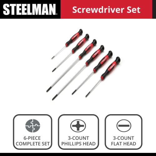 STEELMAN Precision Steel Shaft 6-Piece Long Electronics Screwdriver Set, Variety of Slotted/Phillips Sizes, Swivel-Head, Magnetic Tips - Image 7